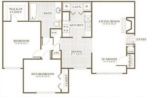 Floor plan for 2 beds, 1 bath, 1103 sqft